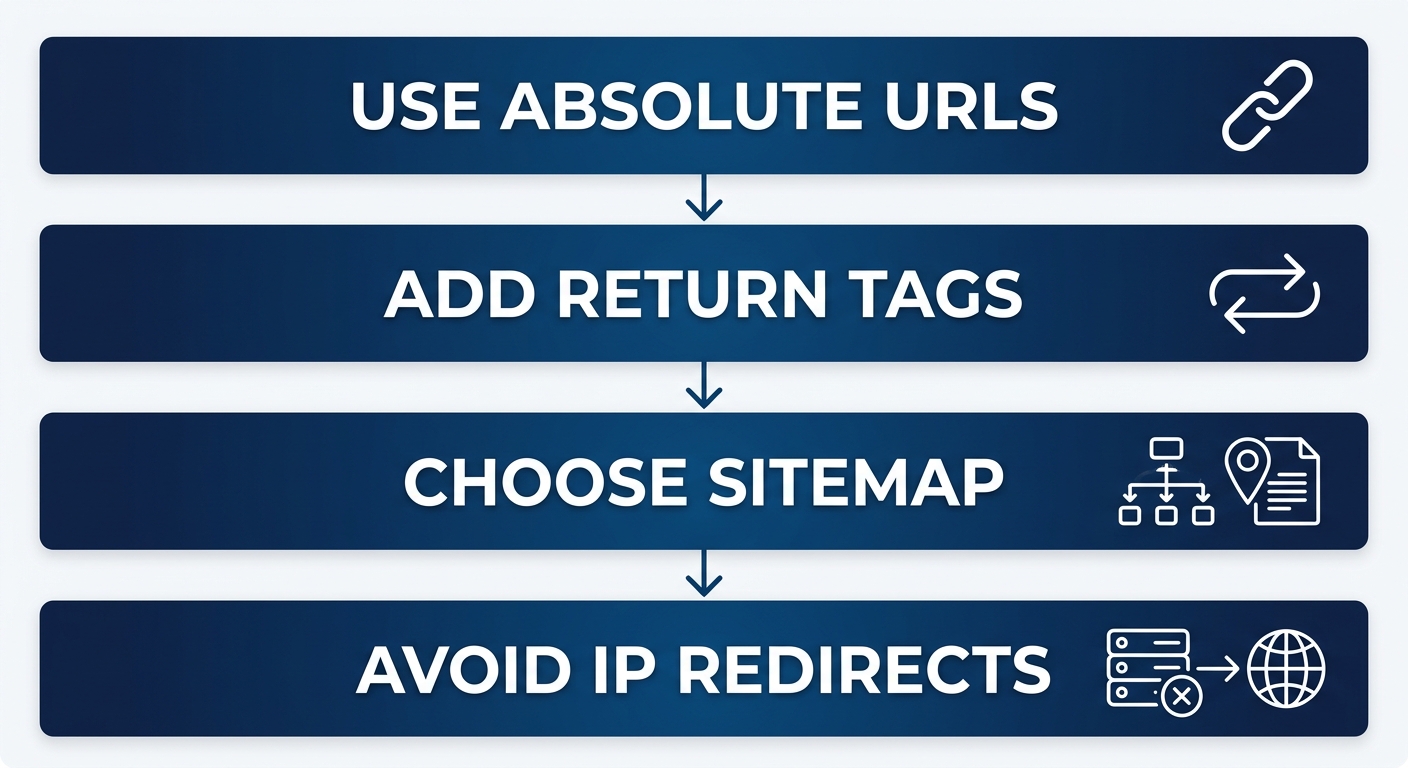 Vertical process flow diagram showing four sequential steps for implementing hreflang tags for multilingual SEO: use absolute URLs, add reciprocal return tags, choose HTML or XML sitemap, and avoid IP-based redirects. Each numbered stage is connected by downward arrows with relevant icons.