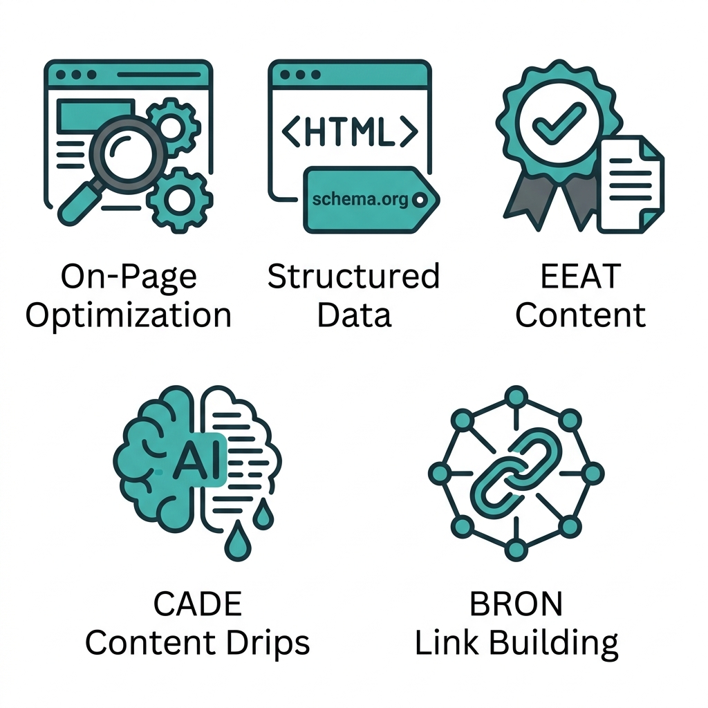 Set of five outline icons representing SEO services: on-page optimization, structured data, EEAT content, CADE content drips, and BRON link building, arranged in a grid on white background.