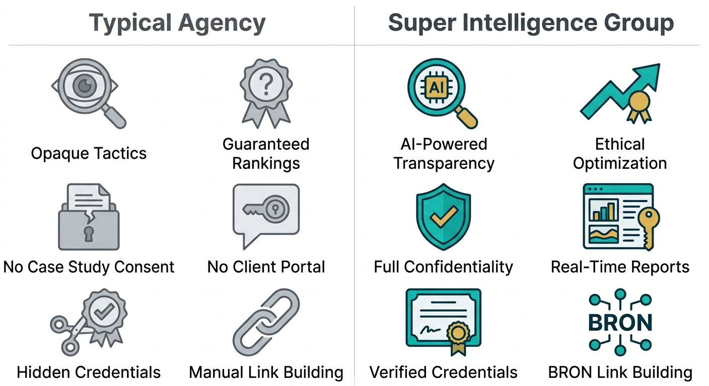 Infographic comparing Typical Agency unethical practices with Super Intelligence Group AI-powered ethical SEO services, two columns with icons and labels.