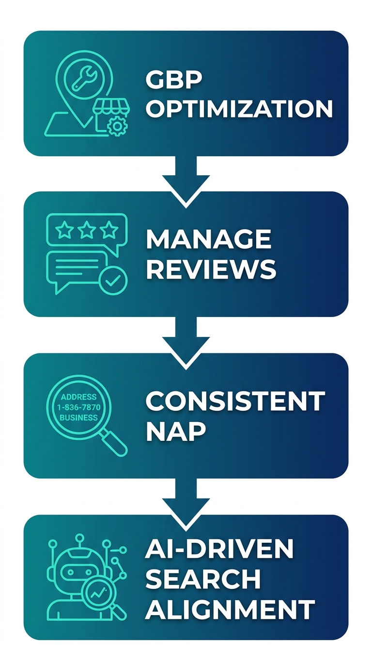 Vertical process flow diagram showing four steps to improve local search visibility: GBP optimization, managing reviews, consistent NAP, and AI-driven search alignment