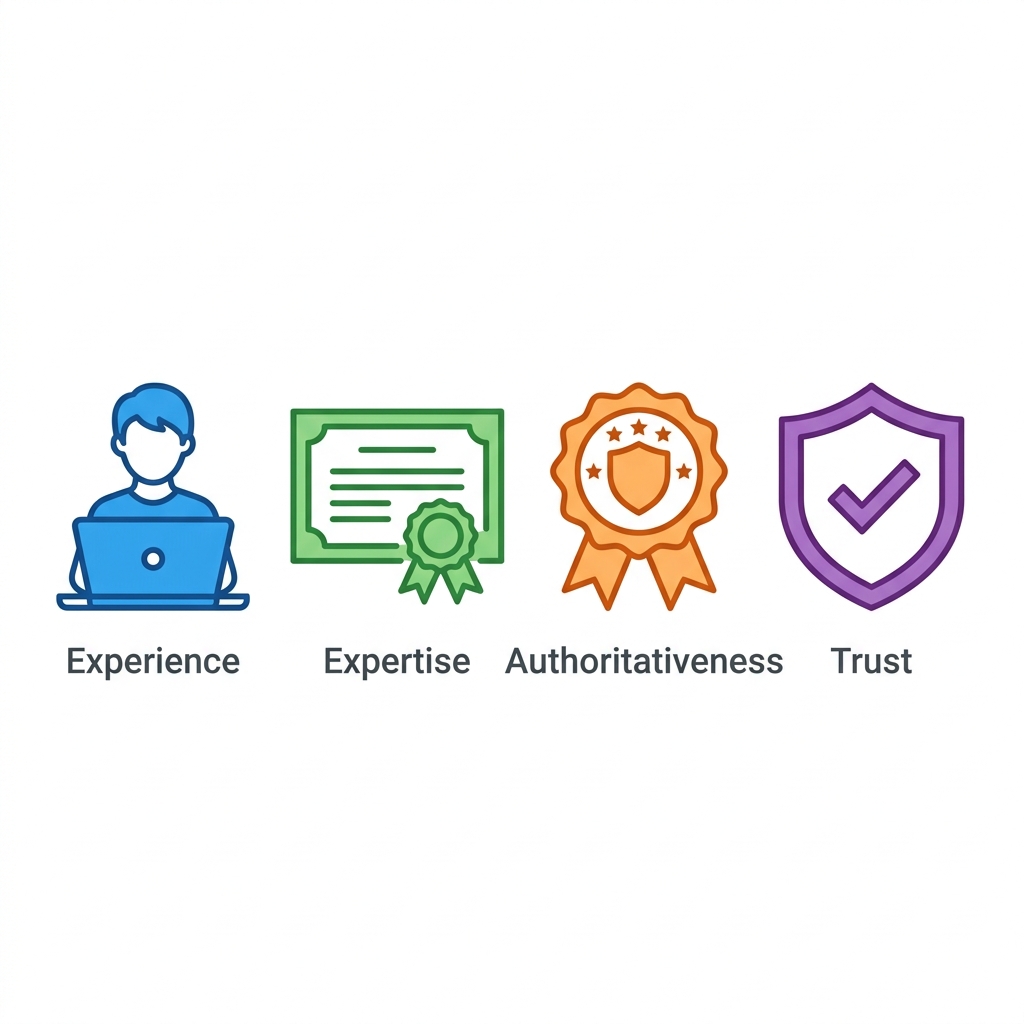Icon set for Google's E-E-A-T framework: Experience, Expertise, Authoritativeness and Trust labels in a 2x2 grid with person at laptop, certificate badge shield shield with checkmark
